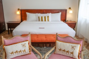 Bedside lamps and cushions beside a made king bed in a guest room.