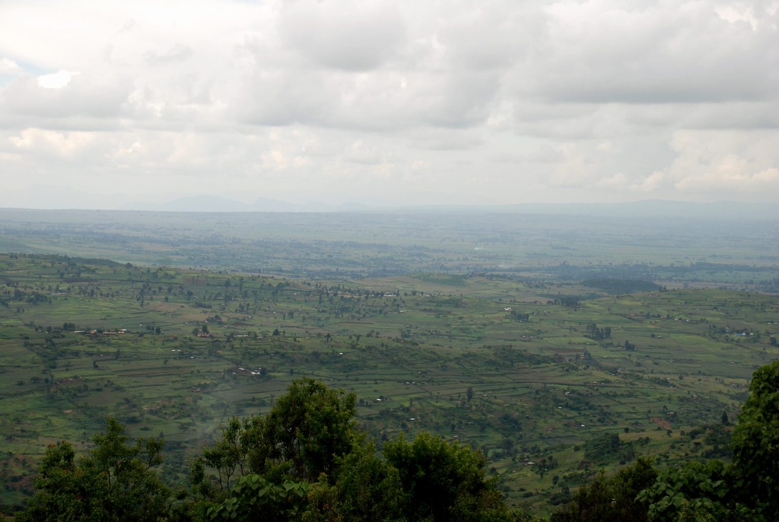 A wide view from the slopes of Mount Elgon over farmland and plains under a cloudy sky.