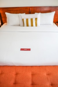 A guest room with king or twin beds, bedside lamps and curtained windows onto the garden.