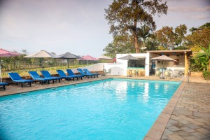 The swimming pool and its paved terrace with loungers and parasols, hills beyond.